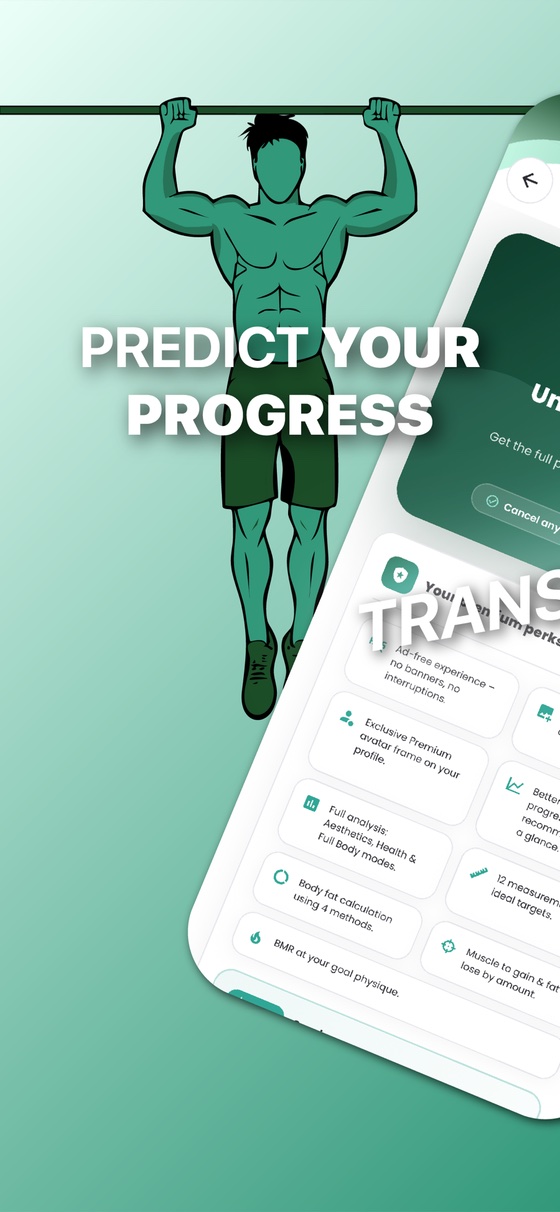 Premium screen with its list of perks, beside an illustrated man doing a pull-up: “Predict your progress”