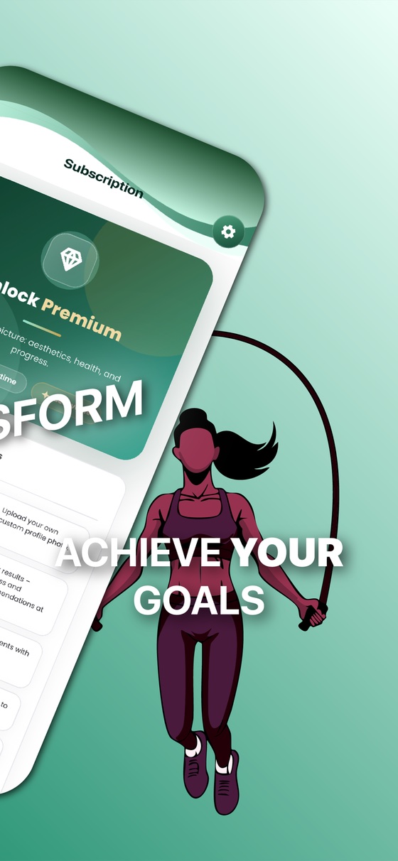 The Unlock Premium subscription screen, beside an illustrated woman skipping rope: “Achieve your goals”