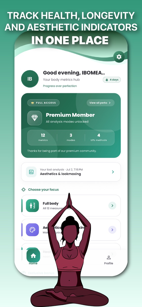 Home dashboard: the Premium member card, your last analysis, and the Full body, Aesthetics and Health options