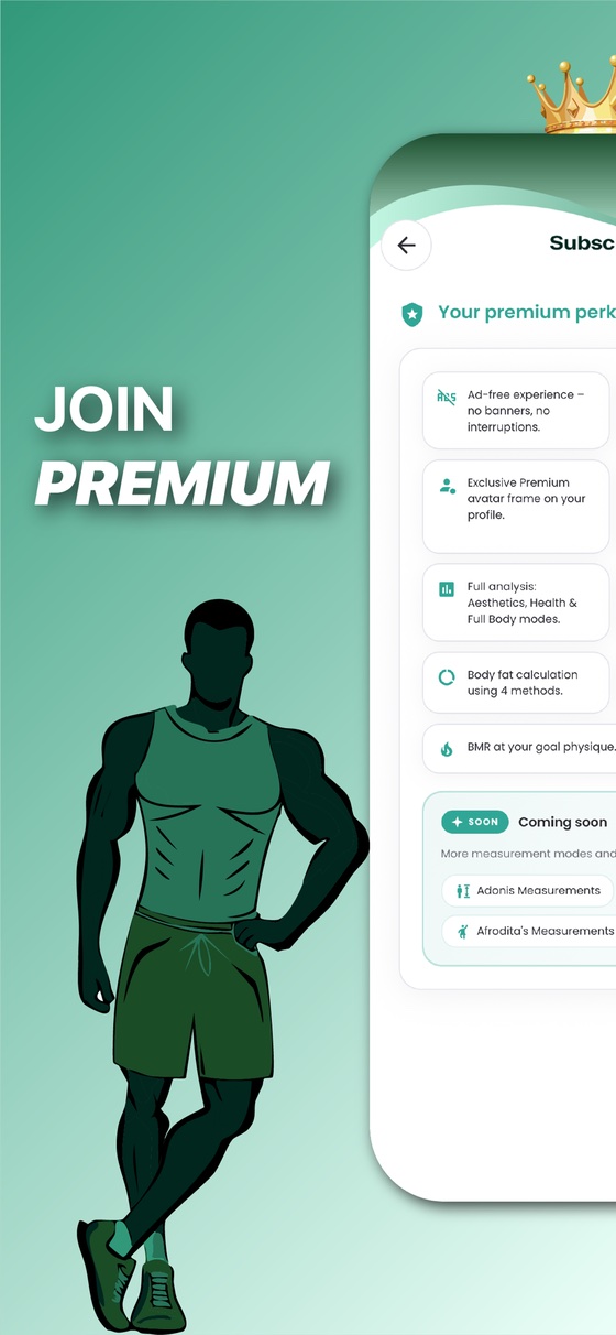 Premium perks: no ads, an avatar frame, all analysis modes, body-fat calculation and BMR at your goal physique