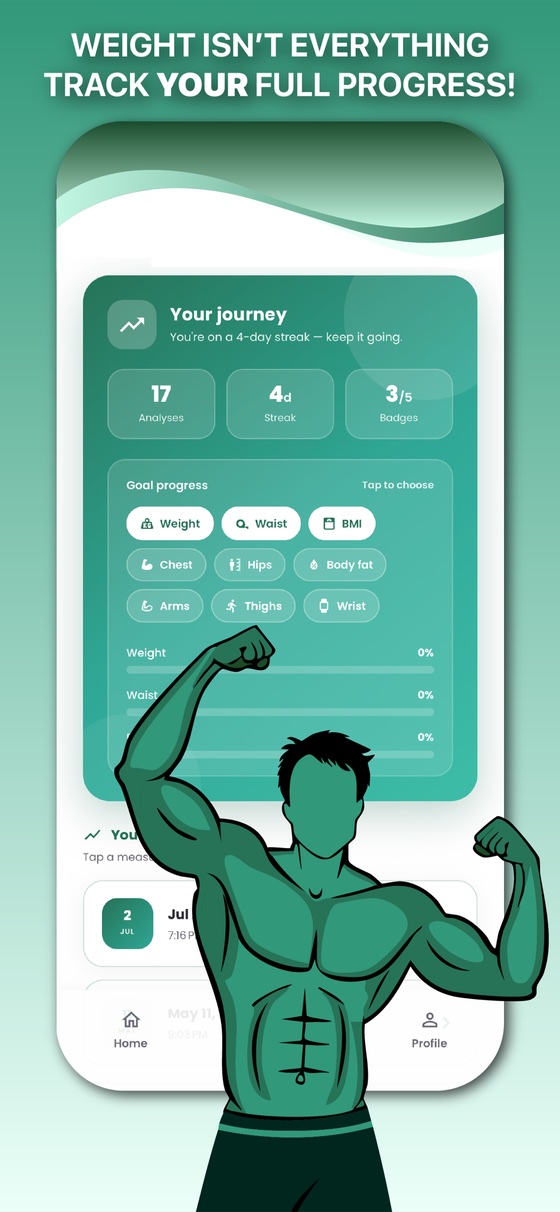 Your journey: analyses, streak and badges, and goal progress for weight, waist, BMI, body fat and more